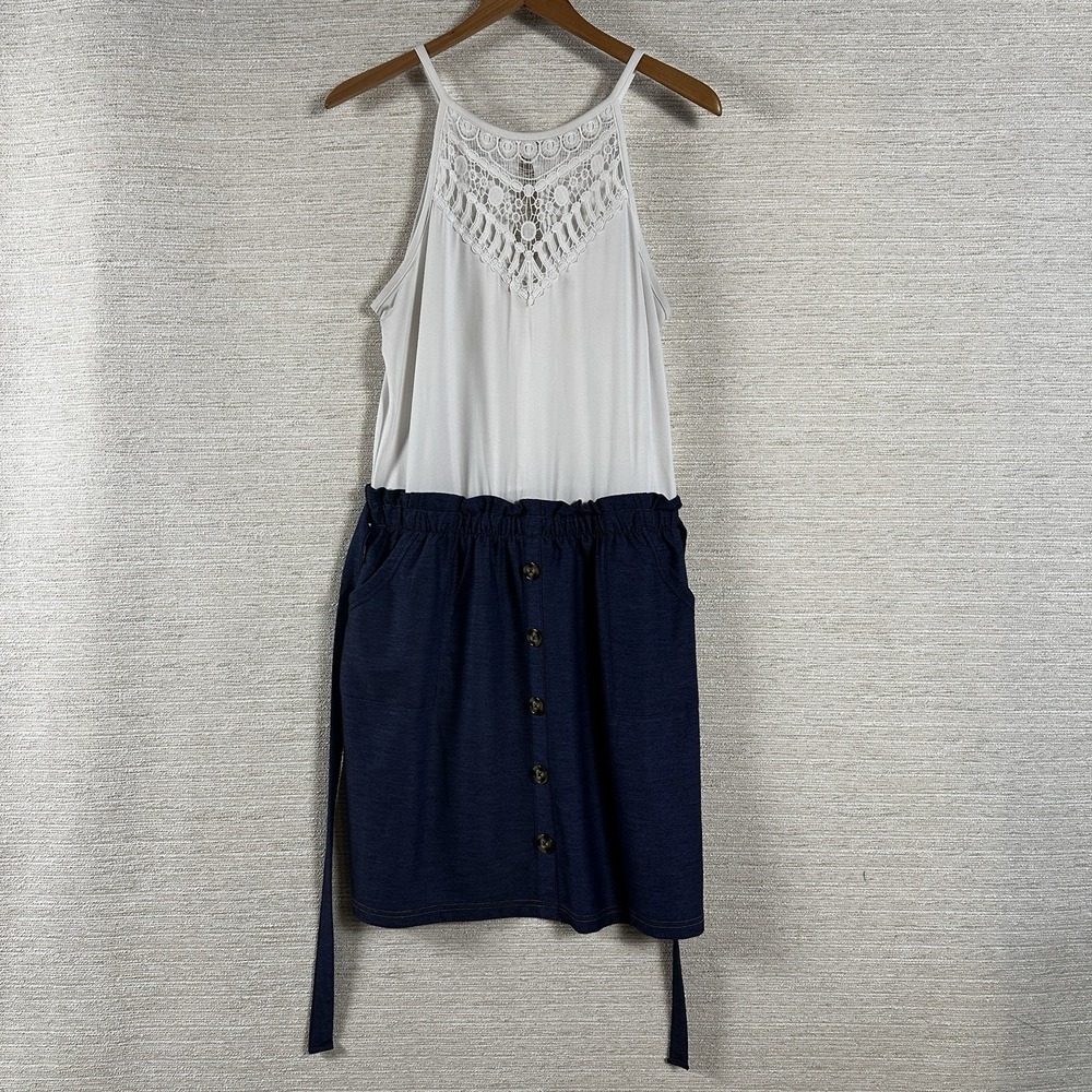 Girls XL Ultra Flirt Jumper Denim Cotton Crochet Lace Halter Tie Waist Boho Y2K